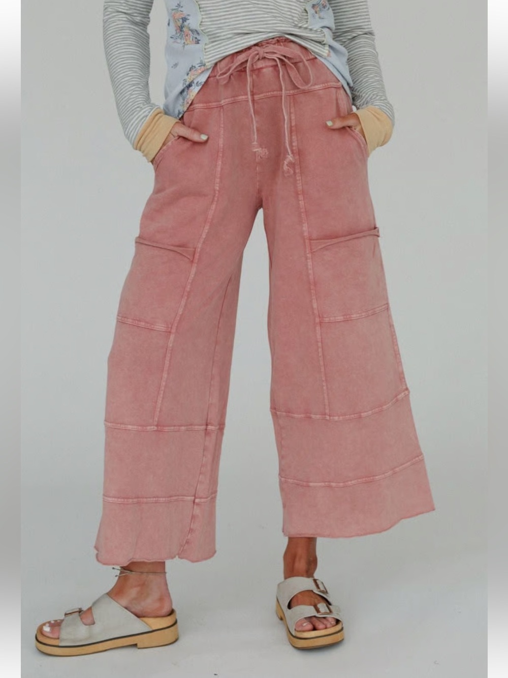 easel Dusty Rose Mineral Wash Wide-Leg Drawstring Pull On Utility Pants Boho 2X